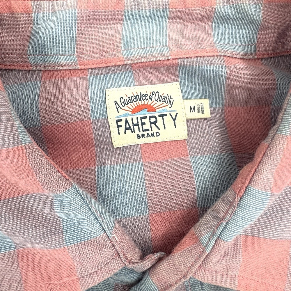 Faherty Stretch Summer Blend Men's Med Long Sleeve Linen Shirt Pink Blue Plaid - Picture 2 of 11